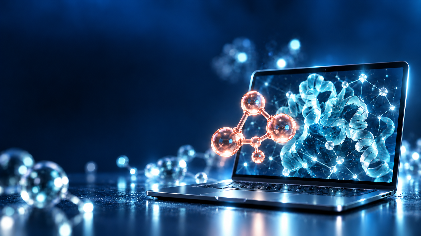 Conceptual illustration of molecular drug discovery, showing a computer, protein structures and a small molecule.